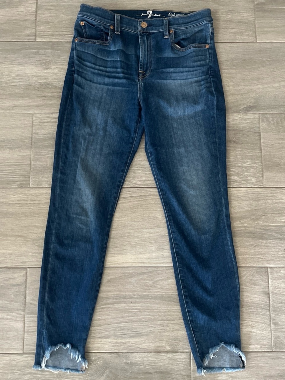 7 For All Mankind Dark Blue Skinny Jeans with Frayed Hem